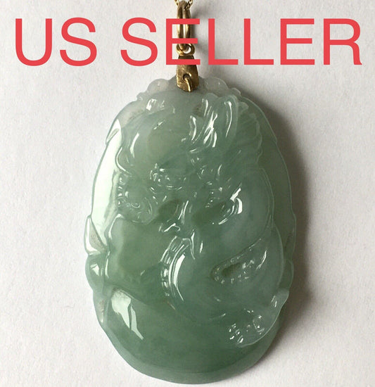 New 14k Solid Yellow Gold Natural Green Jade Pendant Long Life Dragon Good Luck