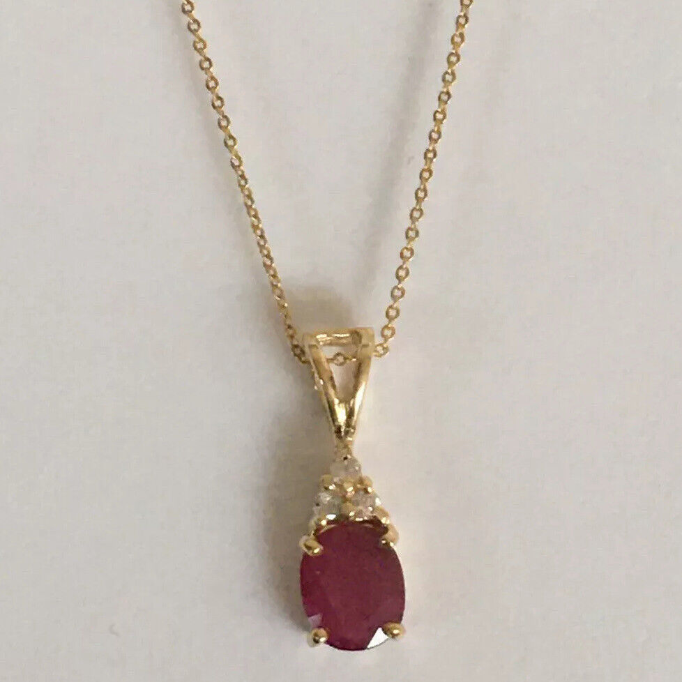 P-95160 New 14k Solid Yellow Gold Genuine Oval Solitary Ruby Diamond Pendant