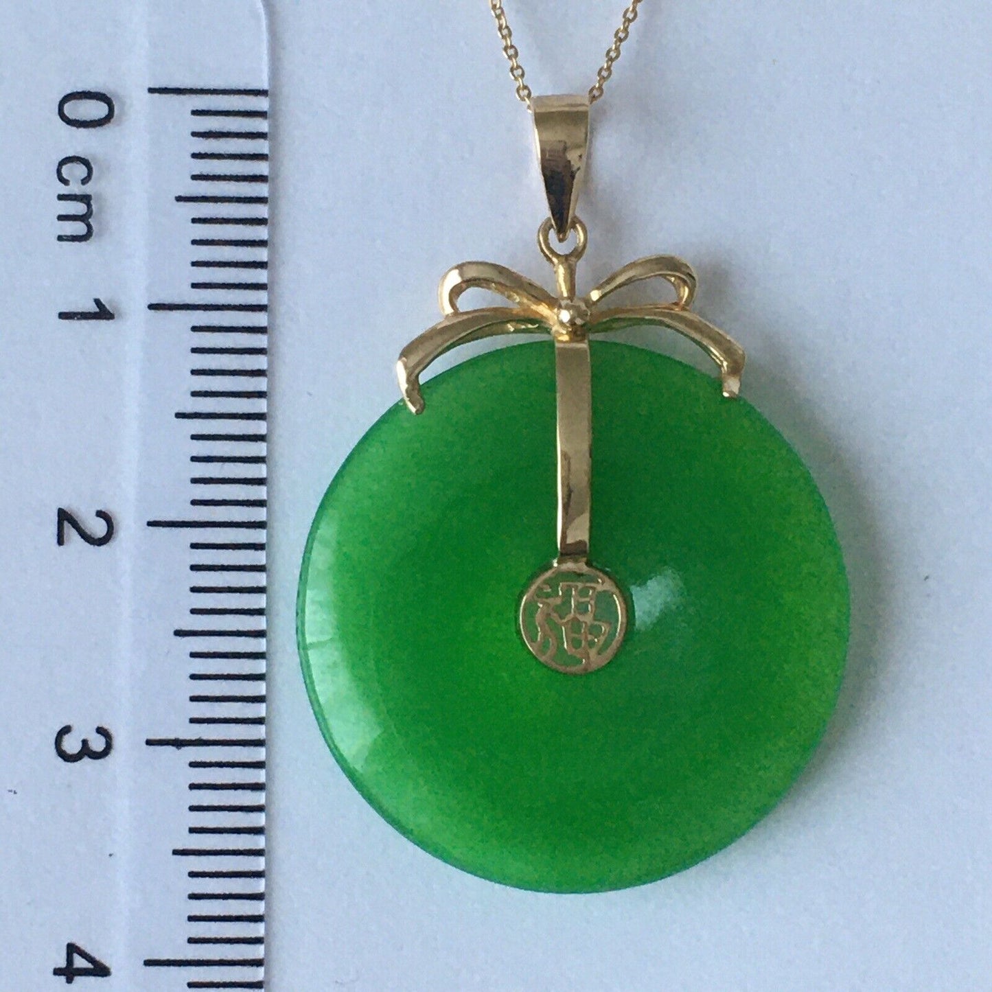 New 14k Solid Yellow Gold Circle Natural Green Jade Pendant Lucky Happiness 4.8g