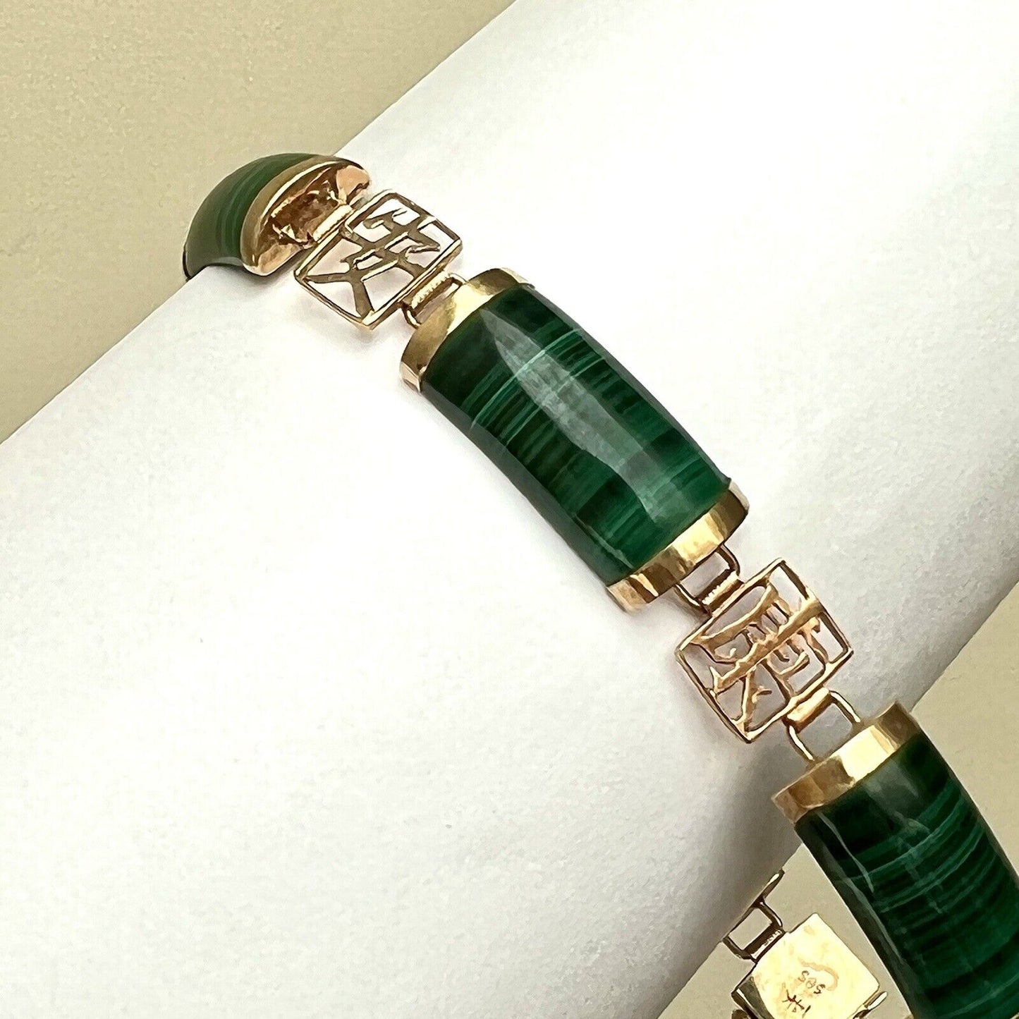 New 14k Solid Yellow Gold malachite Bamboo Bracelet 7.5” Lucky Money Safe