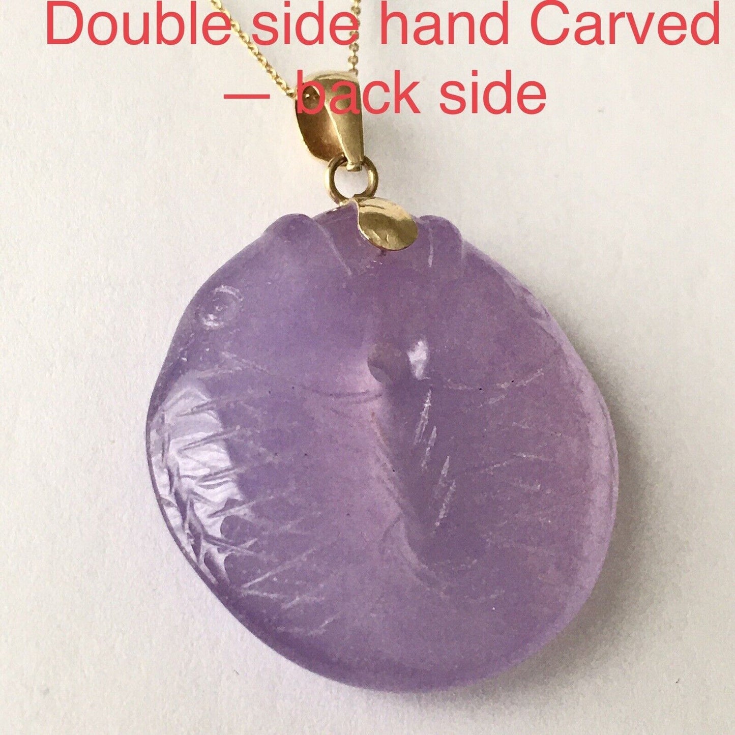 14k Solid Yellow Gold Natural Lavender Jade Pendant Double Side Hand Carved Fish