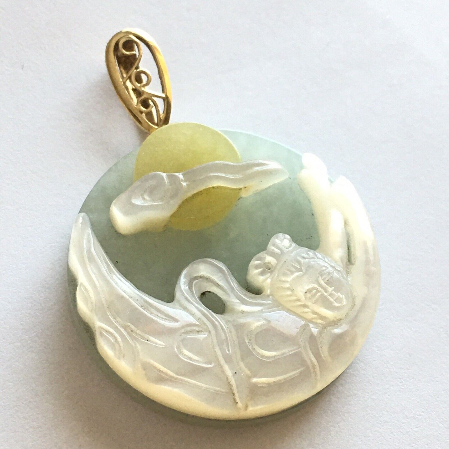 New 14k Solid Yellow Gold Natural Green Jade Mother of Pearl Pendant Lucky Lady Buddha 13.6g