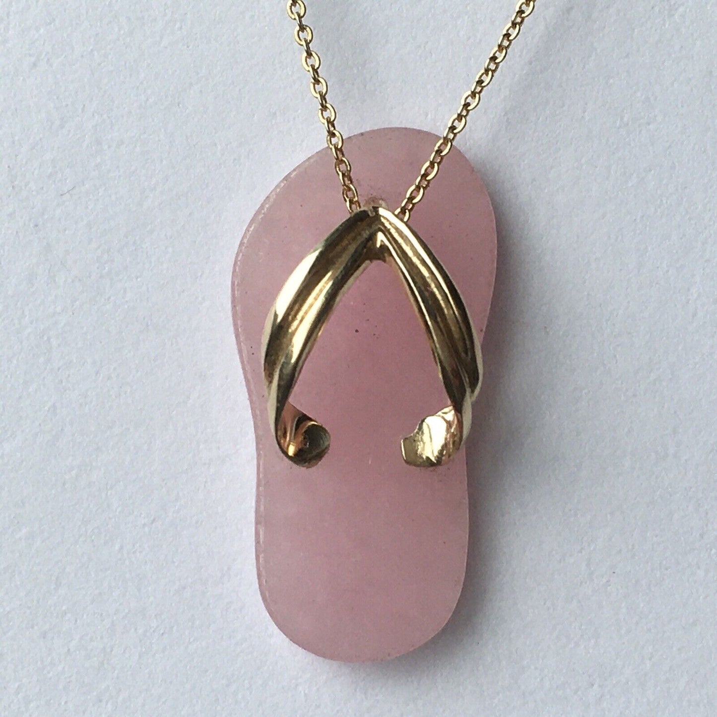 New 14k Solid Yellow Gold Pink Jade Pendant Good Luck Love Flip Flop