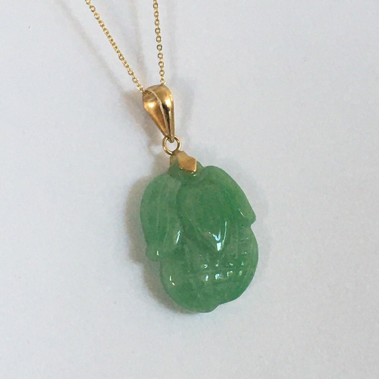 P-4130 New 14k Solid Yellow Gold Natural Quality Green Jade Pendant Lucky Corn