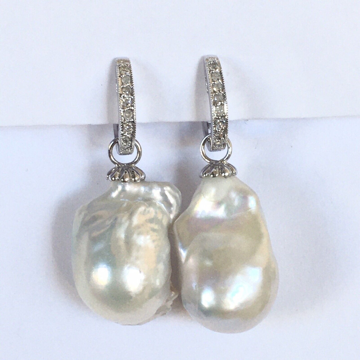 Q2350 14k Solid White Gold Big Natural Biwa Pearl Diamond Earrings Huggie Dangle