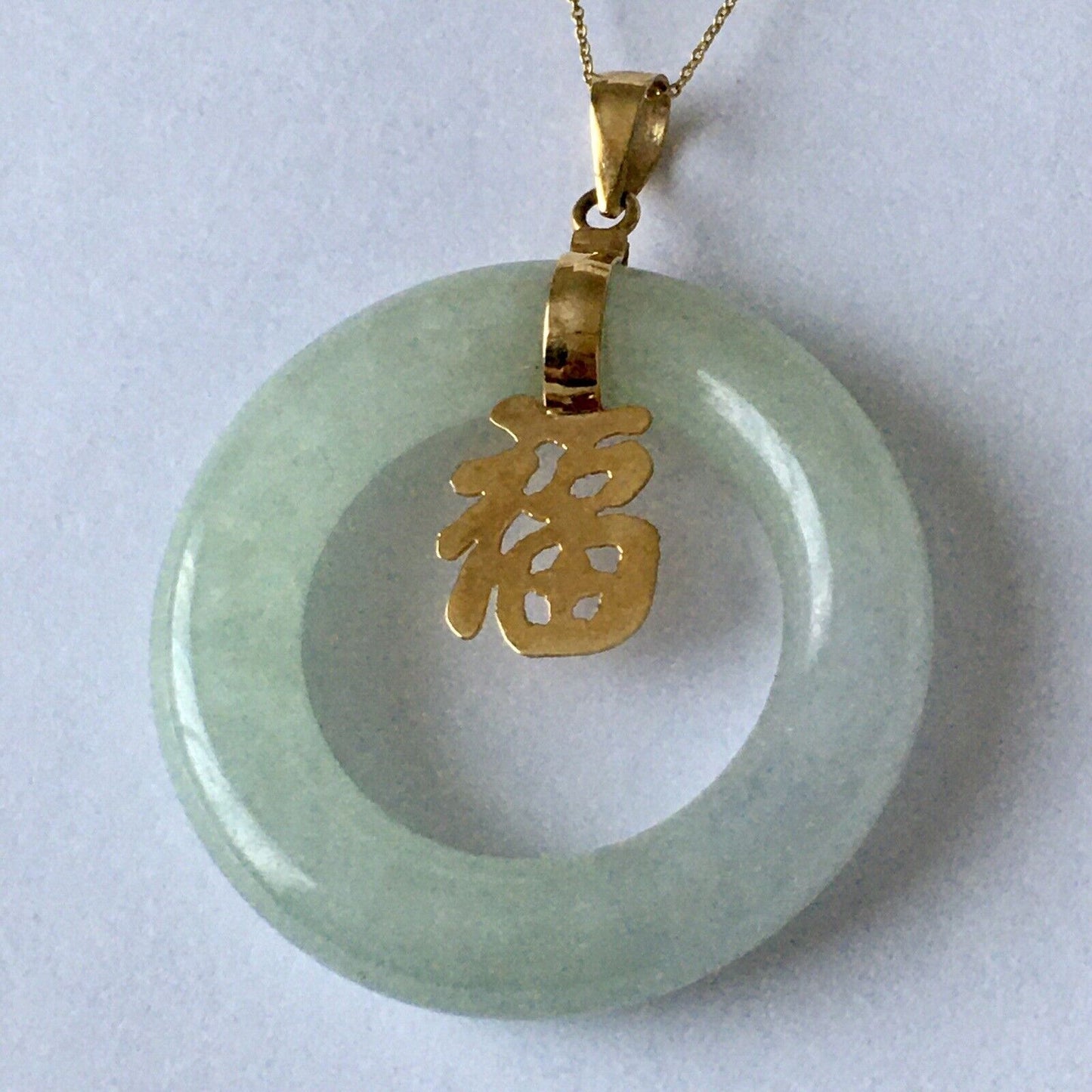 14k Real Yellow Gold Big Circle Natural Green Jade Pendant Lucky Happiness 10.8g