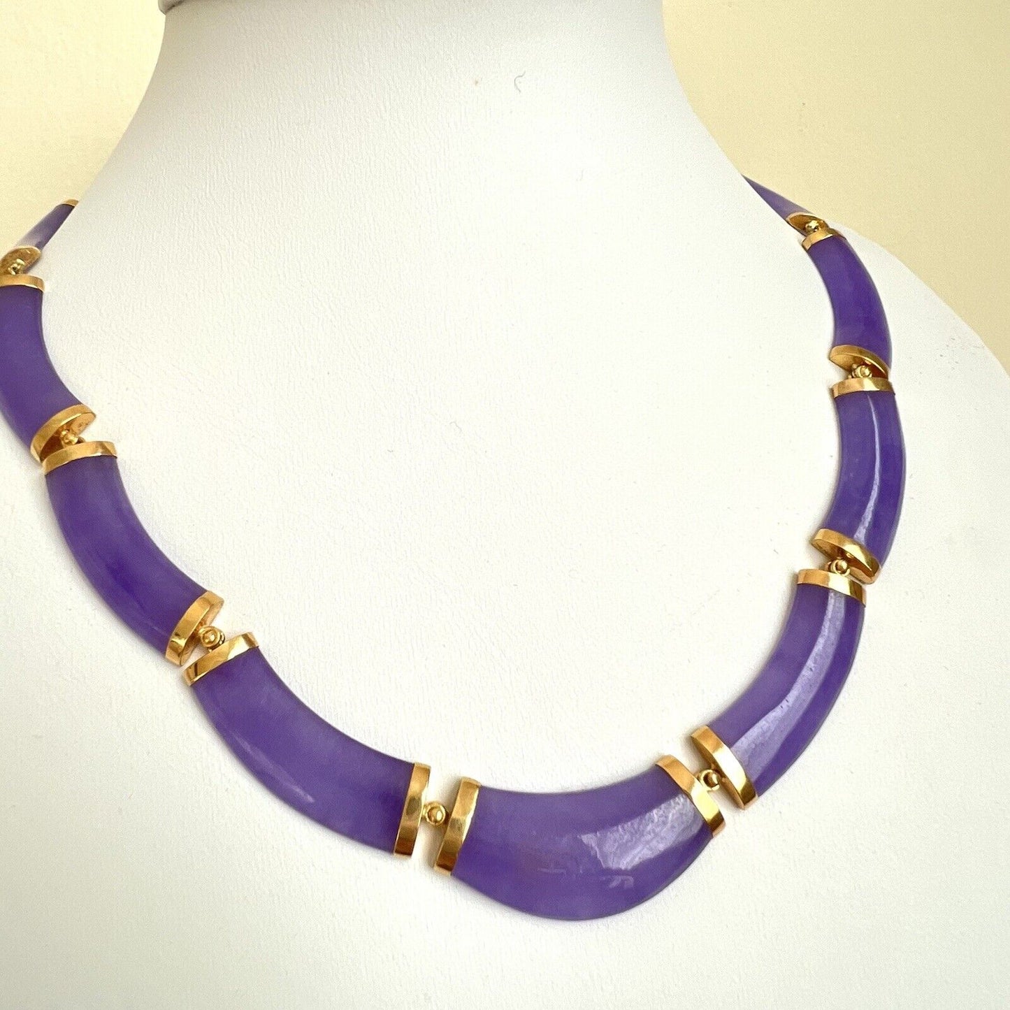 New 14k Solid Yellow Gold Natural Lavender Jade Bamboo Necklace 18”