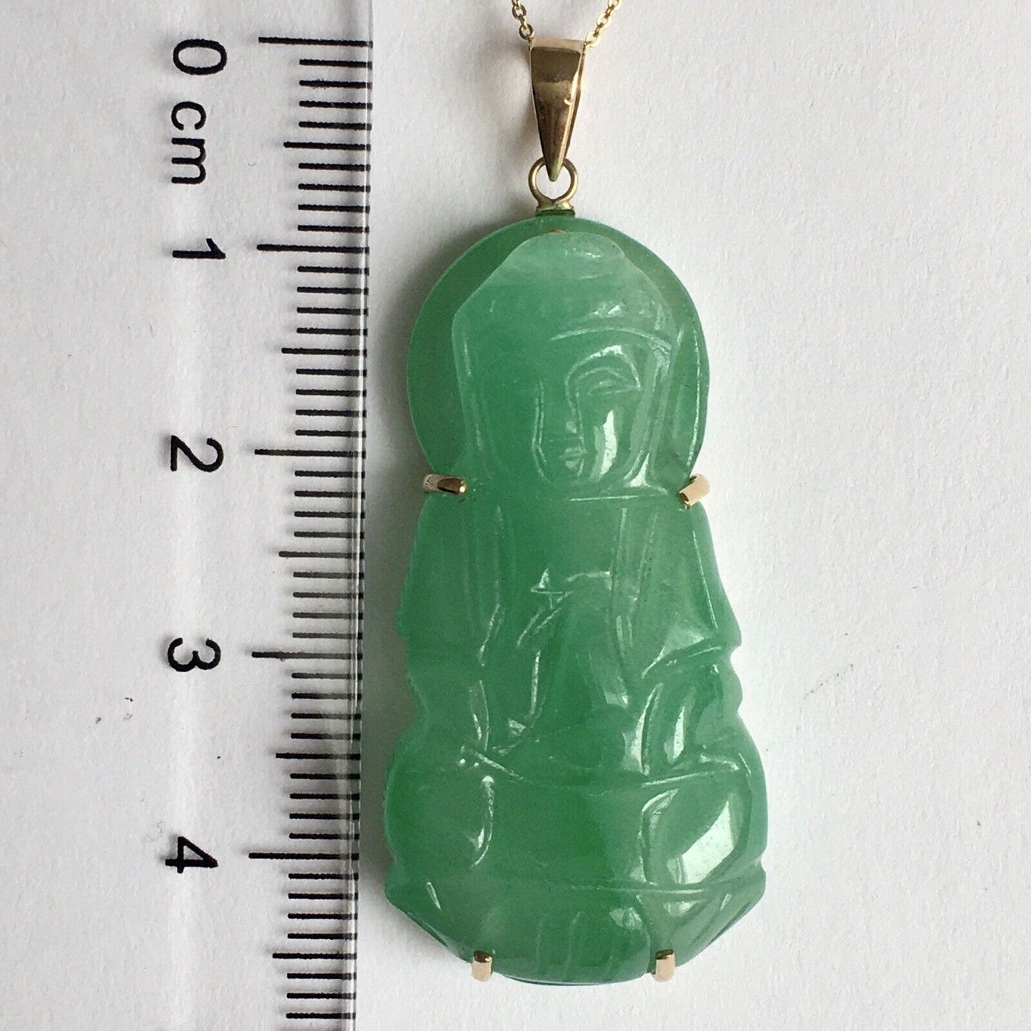 New 18k Solid Yellow Gold Natural Green Jade Pendant Lucky Guanyin Buddha 10.8g