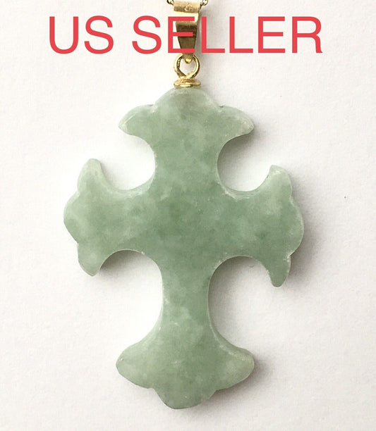 New 14k Solid Yellow Gold Light Green Jade Pendant Good Luck Cross Q210420-8