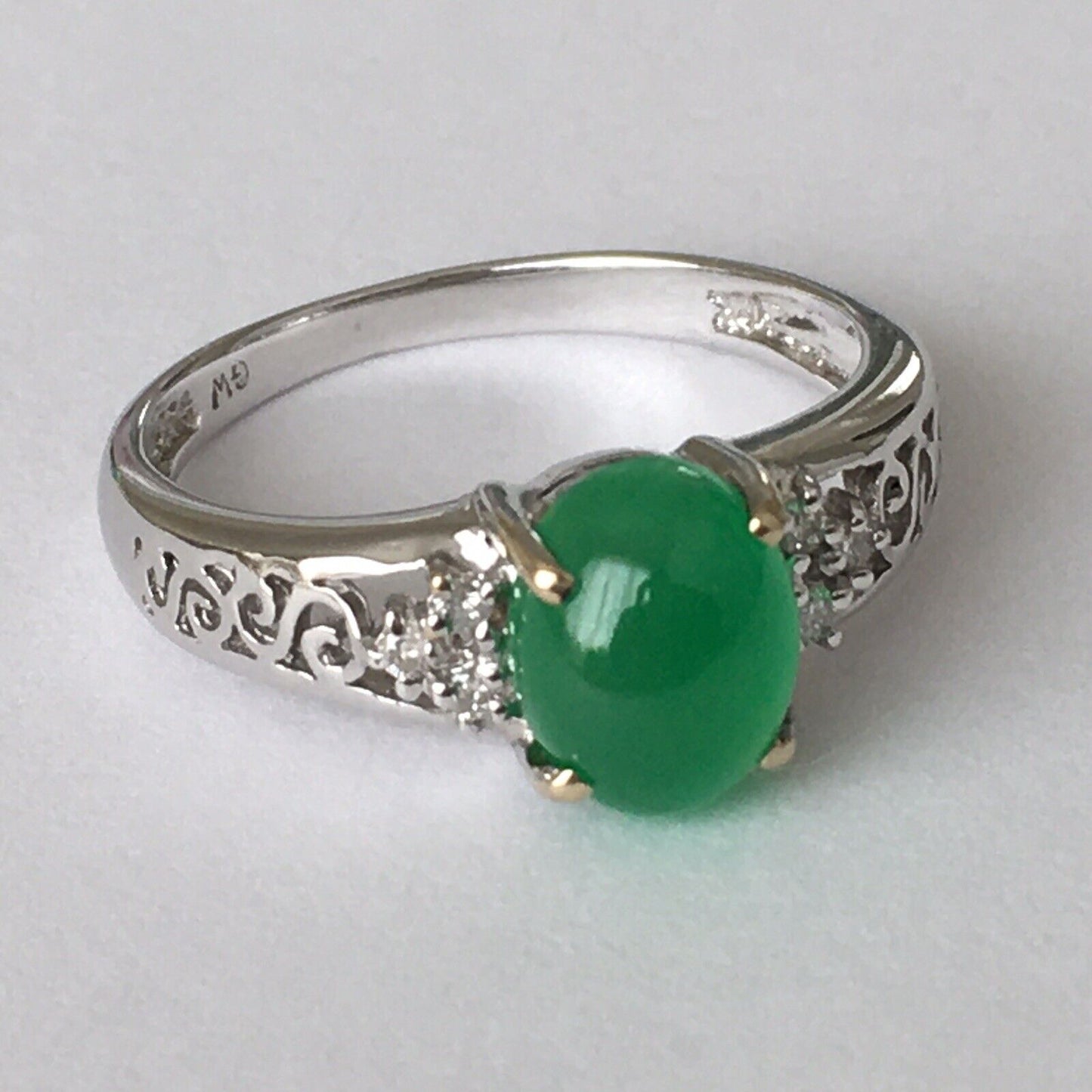 New Natural 14k Solid White Gold Quality Green Jade Diamonds Ring SZ-7.5