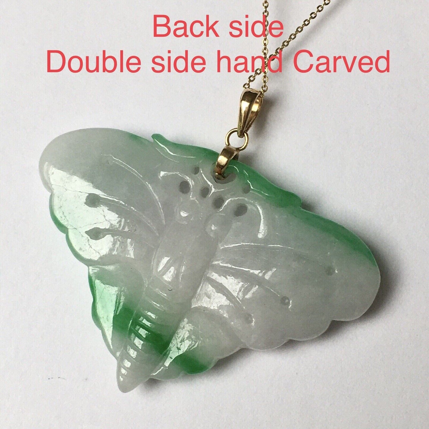 New 14k Solid Yellow Gold Natural White Green Jade Pendant Good Luck Butterfly