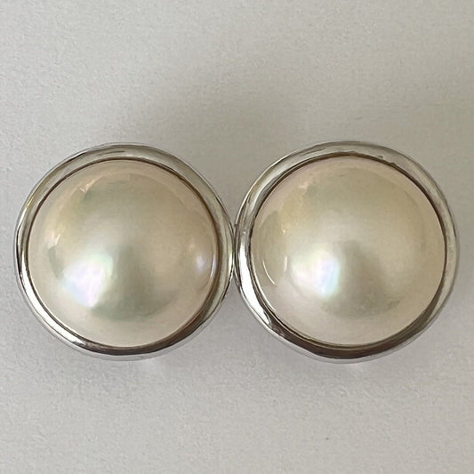 14k Solid White Gold Big Natural Round Mabe South Sea Pearl French Clip Earrings