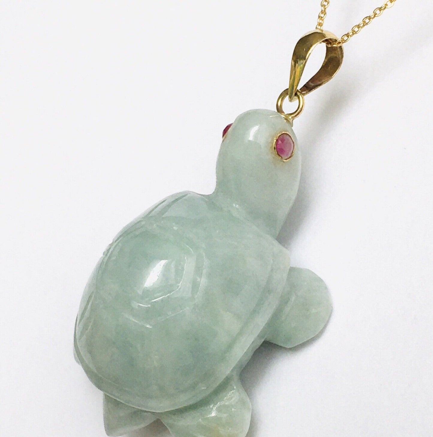 14k Solid Yellow Gold Natural Green Jade Turtle Pendant Ruby Eyes Hand Carved