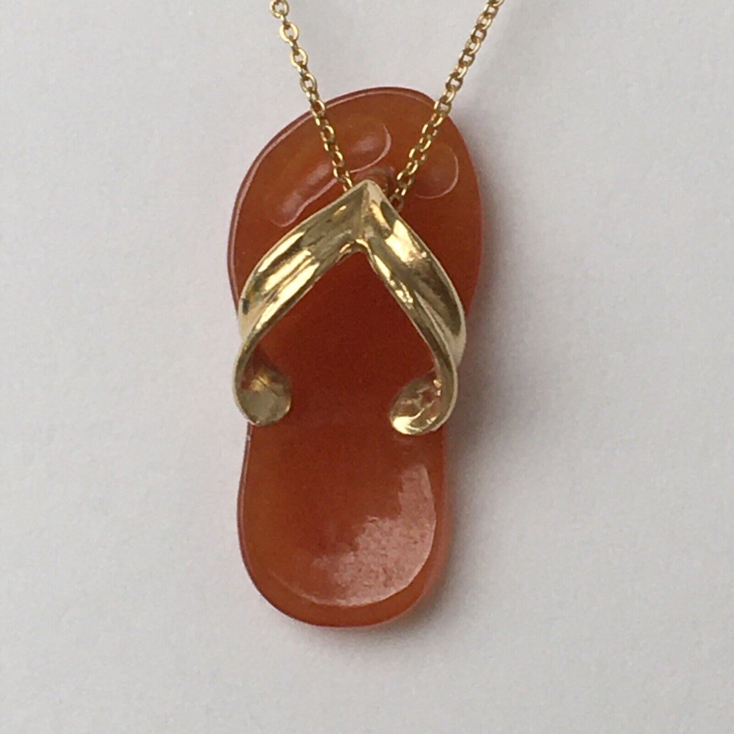 New 14k Solid Yellow Gold Brown Red Jade Pendant Good Luck Flip Flop