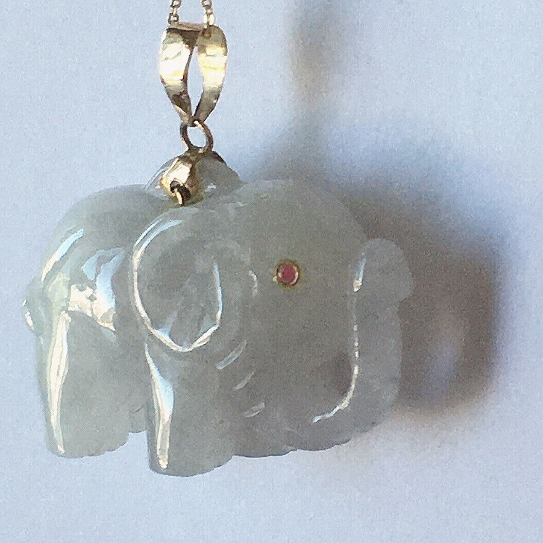 P-2850 New 14k Solid Yellow Gold Natural White Jade Elephant Pendant Ruby Eyes