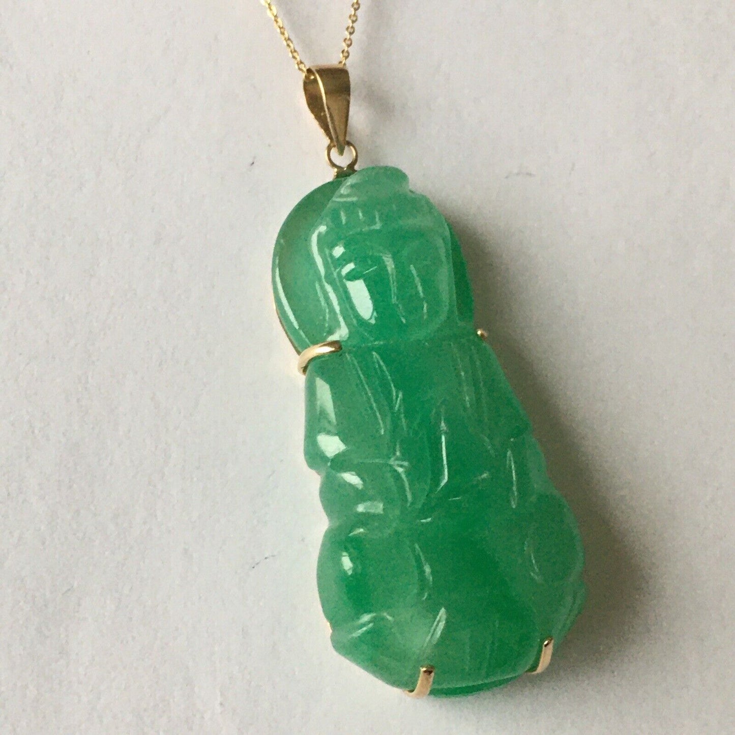 New 18k Solid Yellow Gold Natural Green Jade Pendant Lucky Guanyin Buddha 10.8g