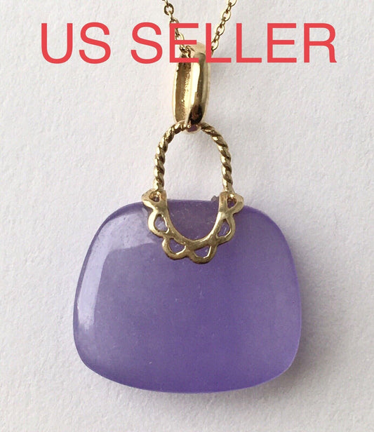 New 14k Solid Yellow Gold Natural Lavender Jade Pendant Good Luck Purse Wallet