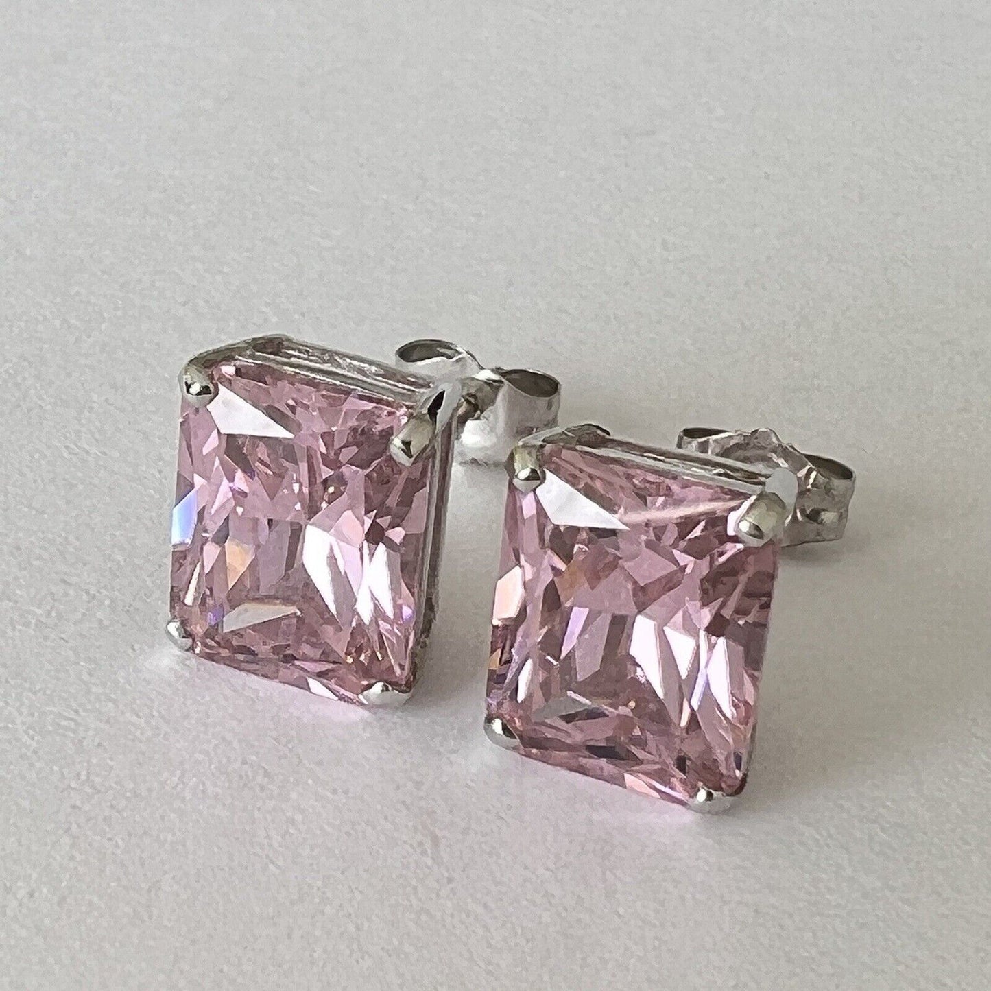 P2250 New 14k White Gold Pink Topaz Studs Earrings Gemstone 7*9mm Emerald Cut