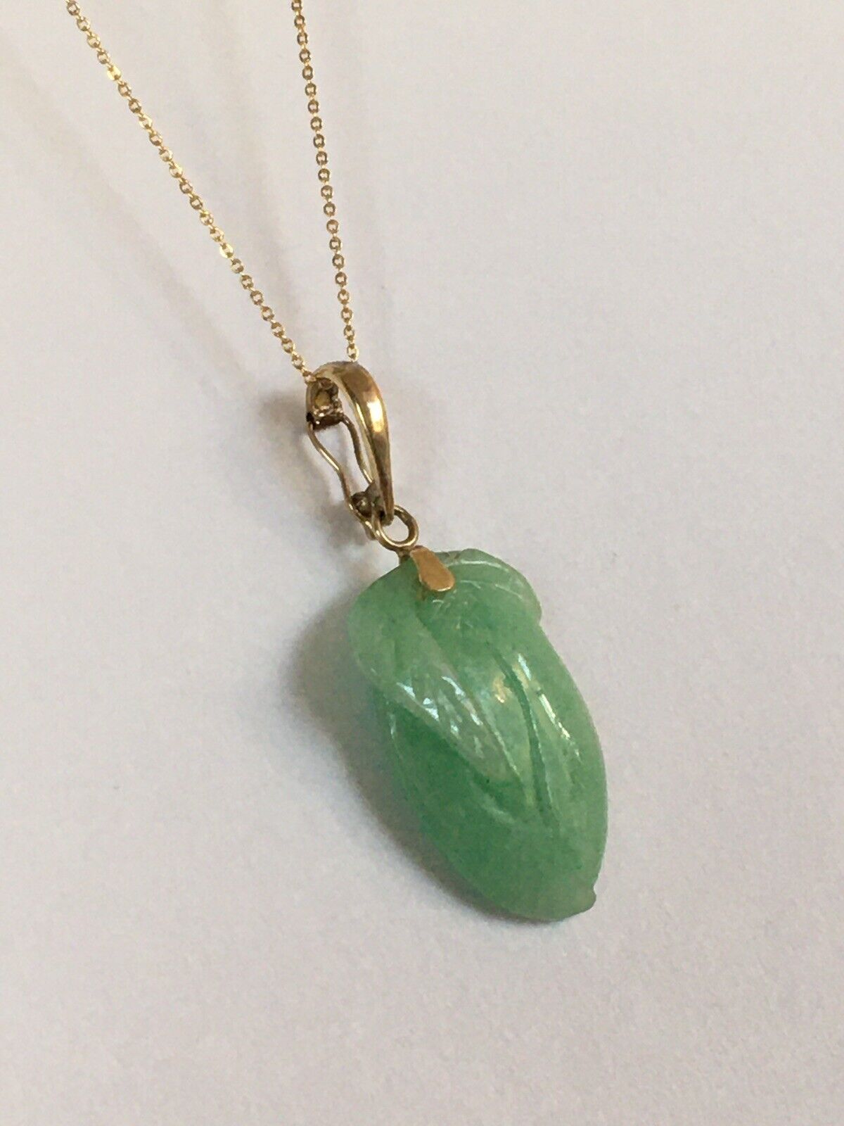 P-4630 New 14k Solid Yellow Gold Natural Quality Green Jade Pendant LongLifePear