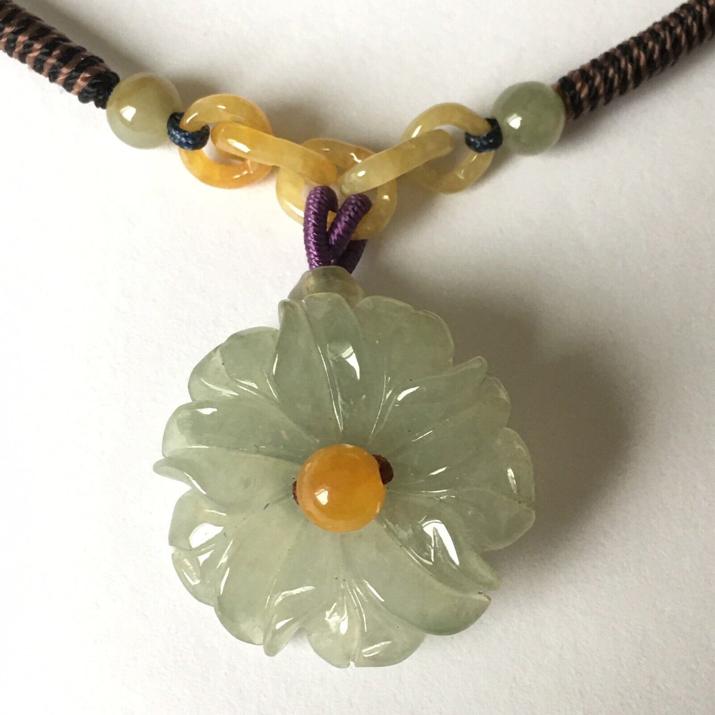 N-106 Macrame Handmade Genuine Carved Flower Jade Necklace adjustable 16~24”