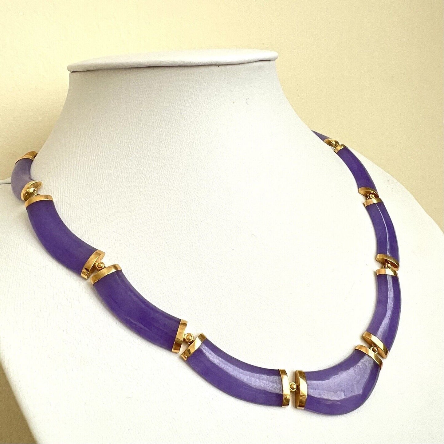 New 14k Solid Yellow Gold Natural Lavender Jade Bamboo Necklace 18”