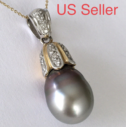 New 18k Solid Yellow Gold Y/G Natural Gray South Sea Pearl Diamonds Pendant