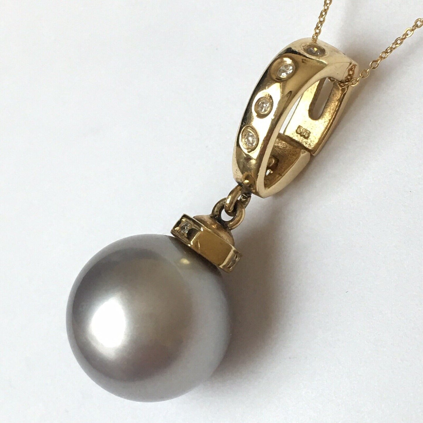 14k Real Yellow Gold Natural Gray South Sea Pearl Diamonds Pendant Perfect Round