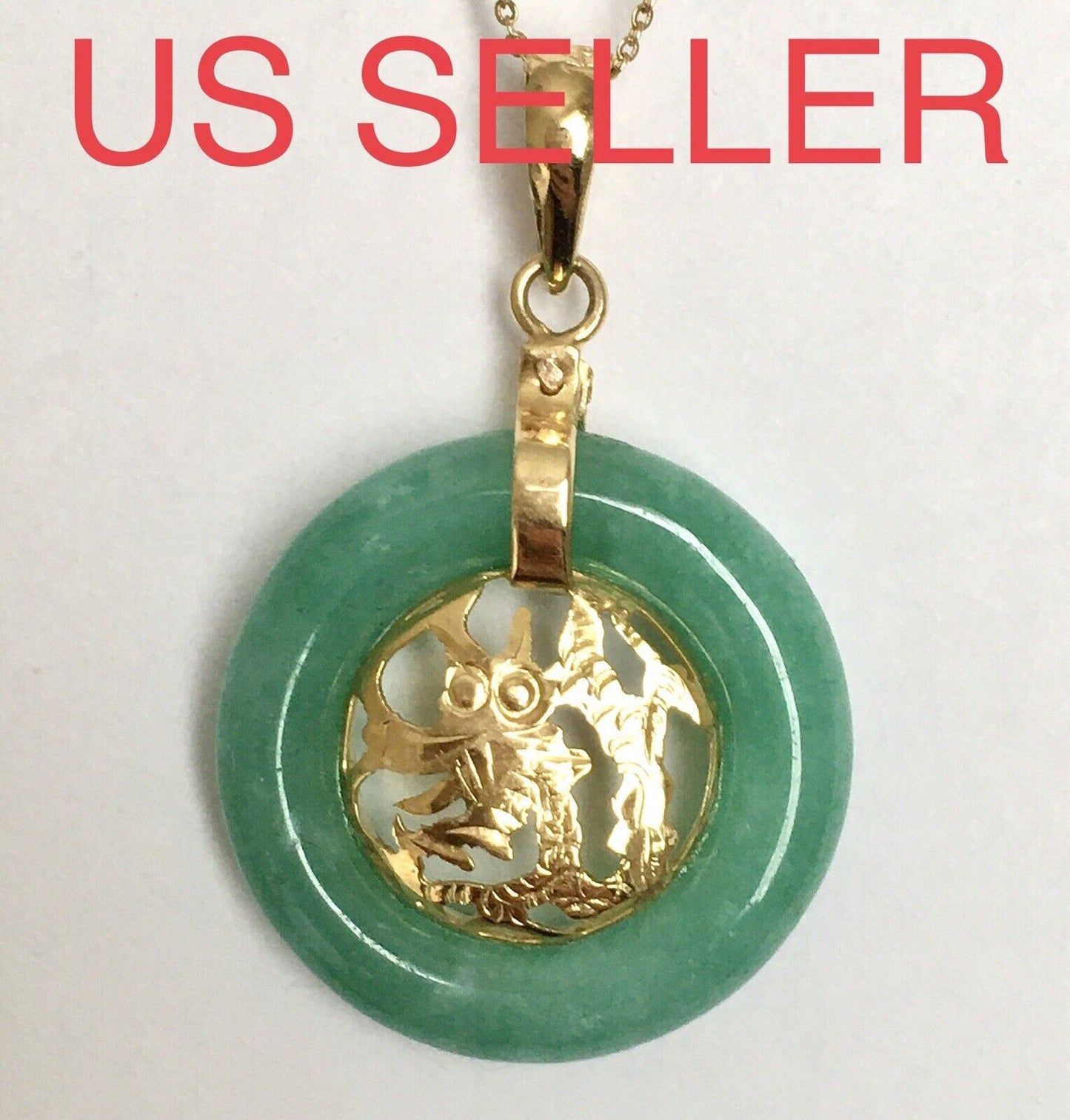 New 14k Solid Yellow Gold Circle Natural Green Jade Pendant Lucky Dragon 2.8g