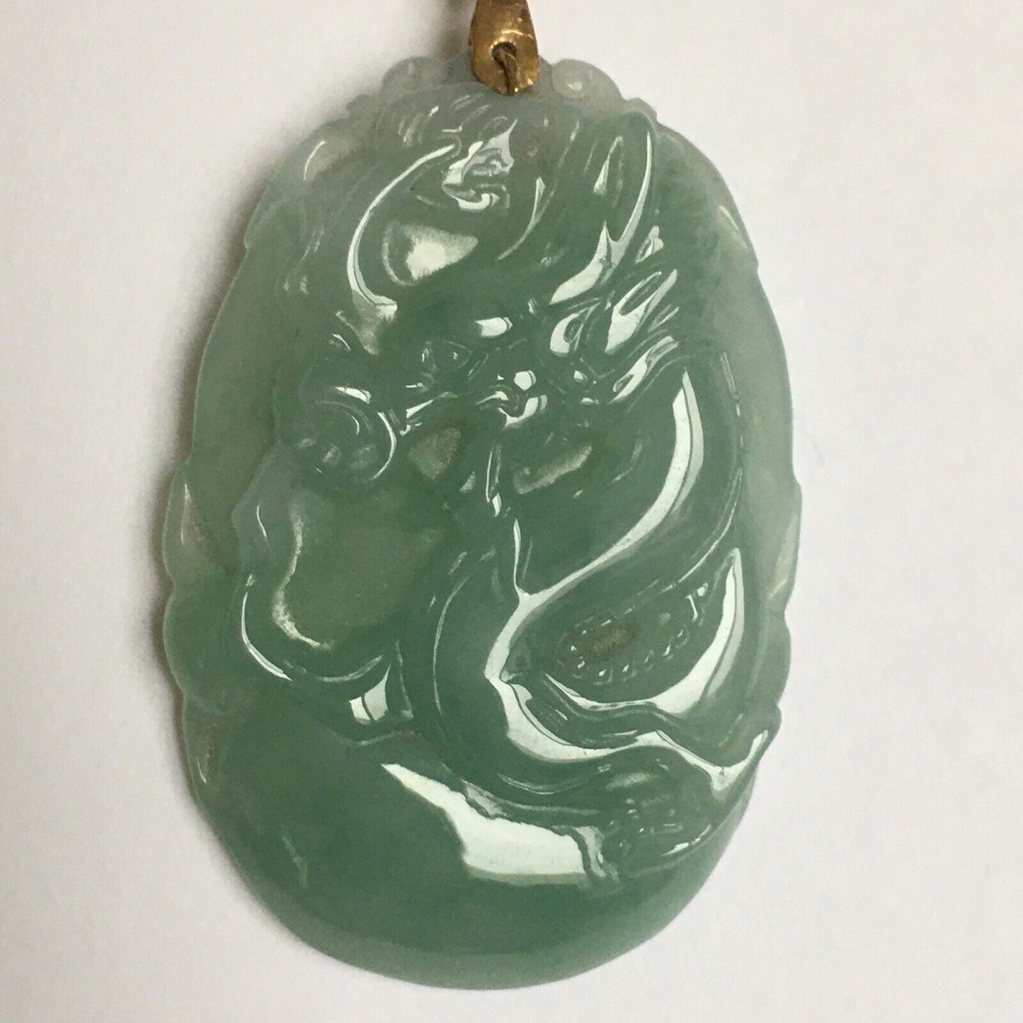 New 14k Solid Yellow Gold Natural Green Jade Pendant Long Life Dragon Good Luck