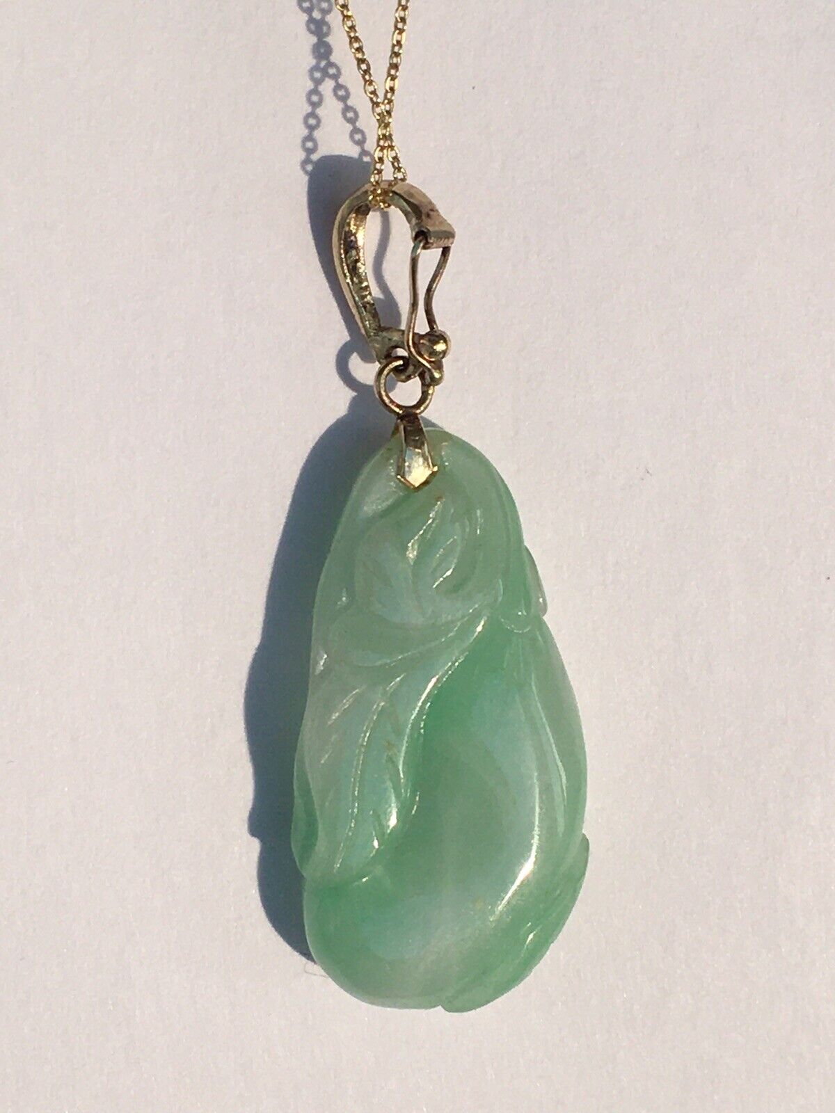 P-4840 New 14k Solid Yellow Gold Natural Quality Green Jade Pendant LuckyFlower