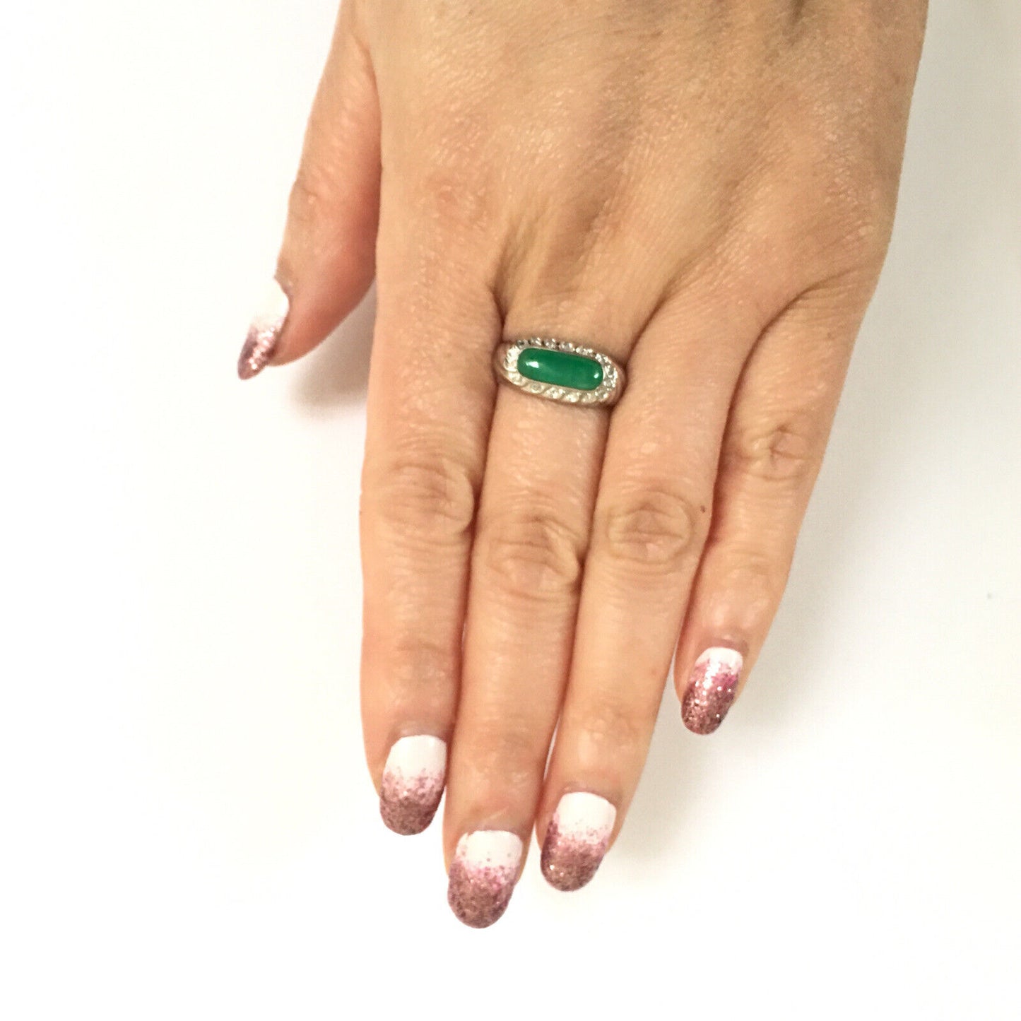 Q10426, New 14k Solid White Gold W/G Natural Green Jade Ring, 12*5mm, SZ-7