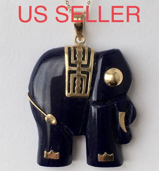 New 14k Solid Yellow Gold Blue Lapis Elephant Pendant Good Luck Long Life 6.9g