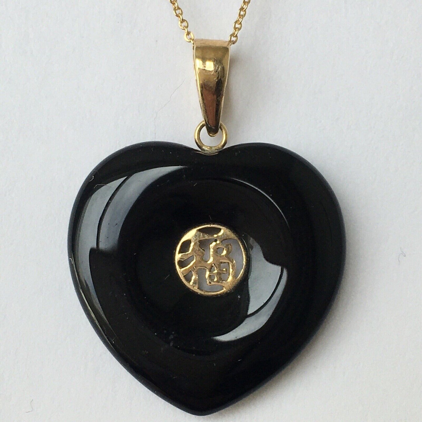 New 14k Solid Yellow Gold Black Onyx Love Heart Necklace Pendant Happiness 2.4g