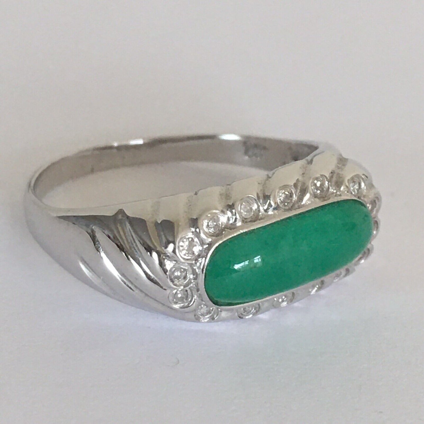 Q10426, New 14k Solid White Gold W/G Natural Green Jade Ring, 12*5mm, SZ-7