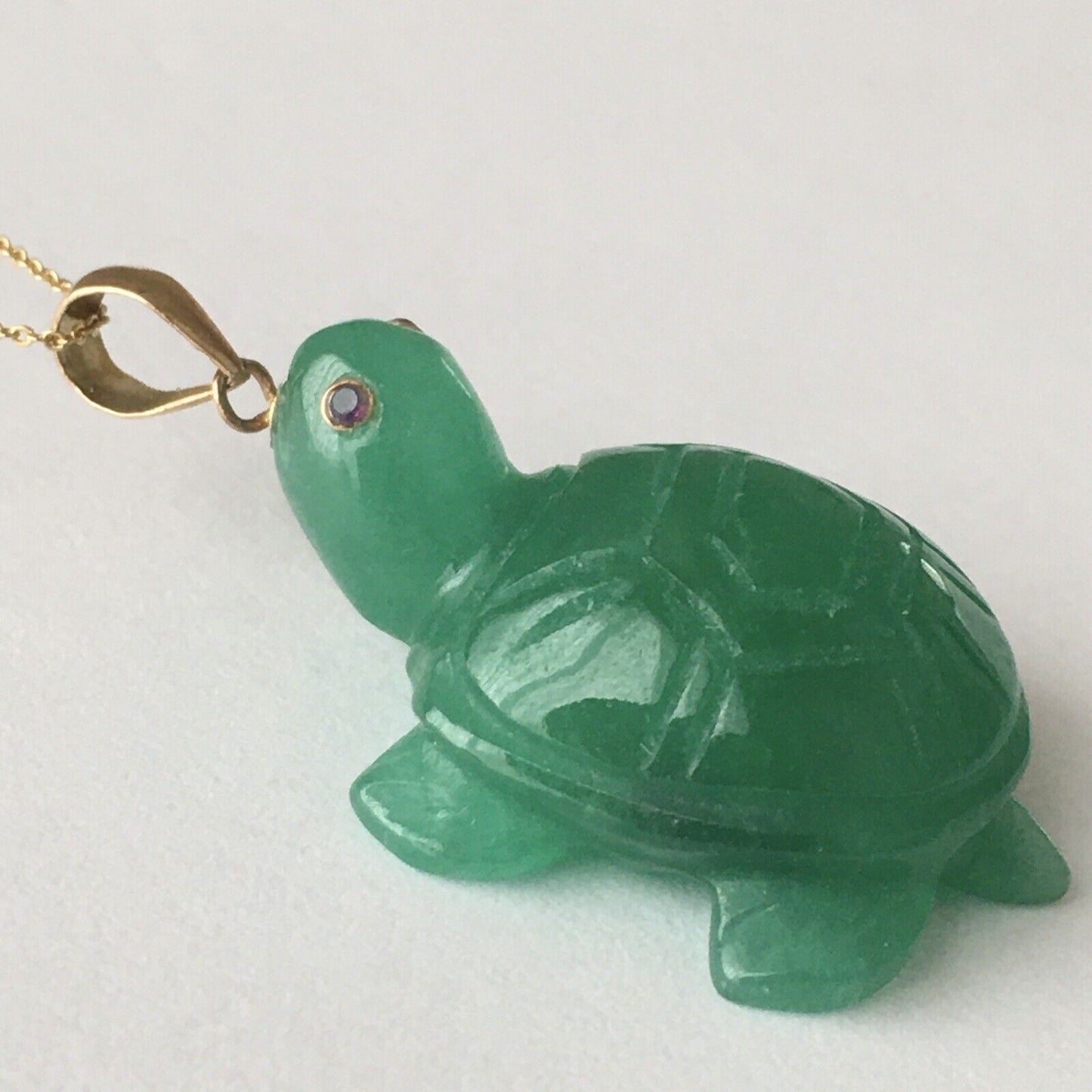 14k Solid Yellow Gold Natural Green Jade Turtle Pendant Ruby Eyes Hand Carved