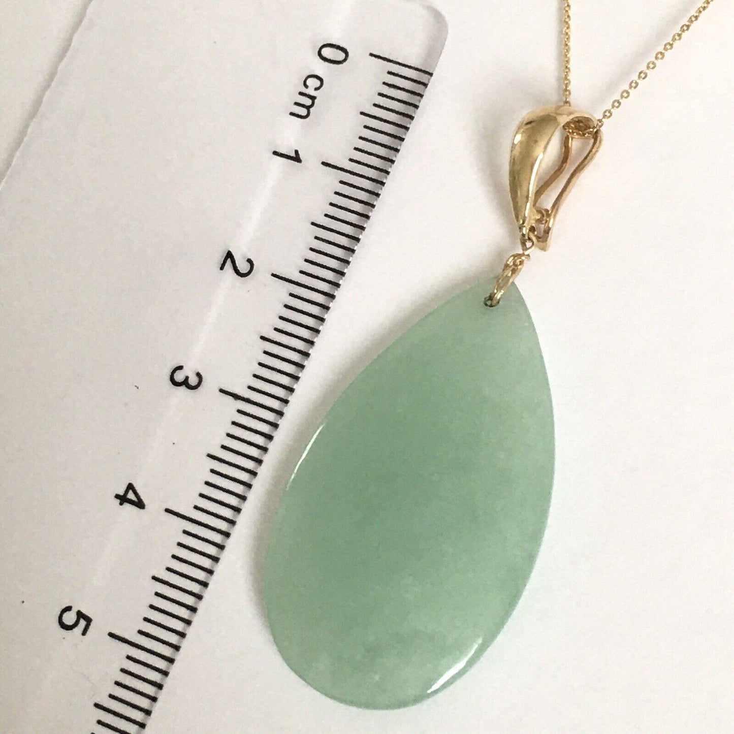 New 14k Solid Yellow Gold Natural Green Jade Teardrop Pendant Good Luck 6.3g