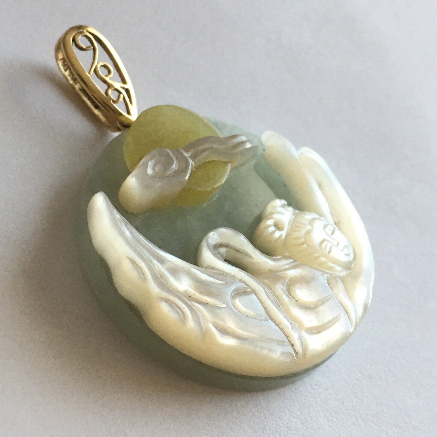 New 14k Solid Yellow Gold Natural Green Jade Mother of Pearl Pendant Lucky Lady Buddha 13.6g