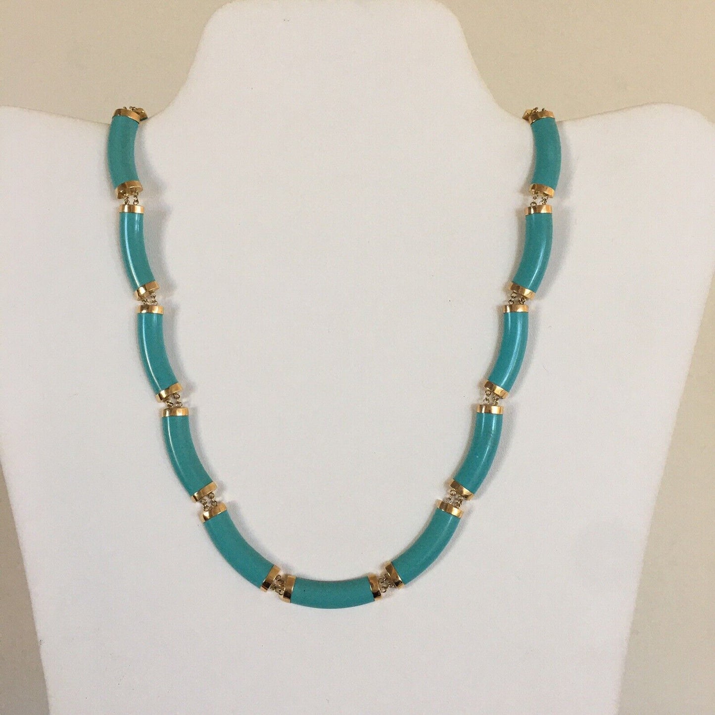 P-058560 New 14k Solid Yellow Gold Unique Turquoise Bamboo Necklace, “happiness” Clasp