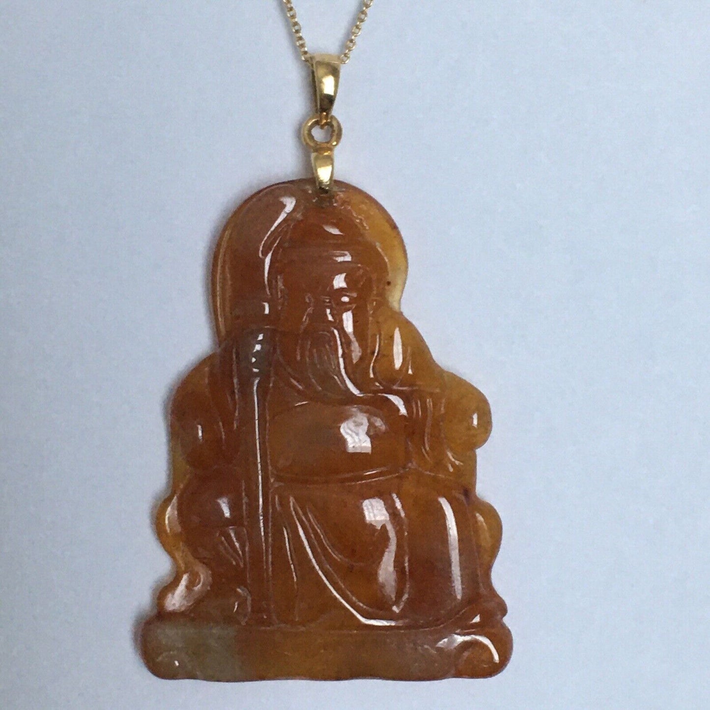 18k Solid Yellow Gold Natural Brown Jade Pendant Lucky Buddha 3.2g Hand Carved