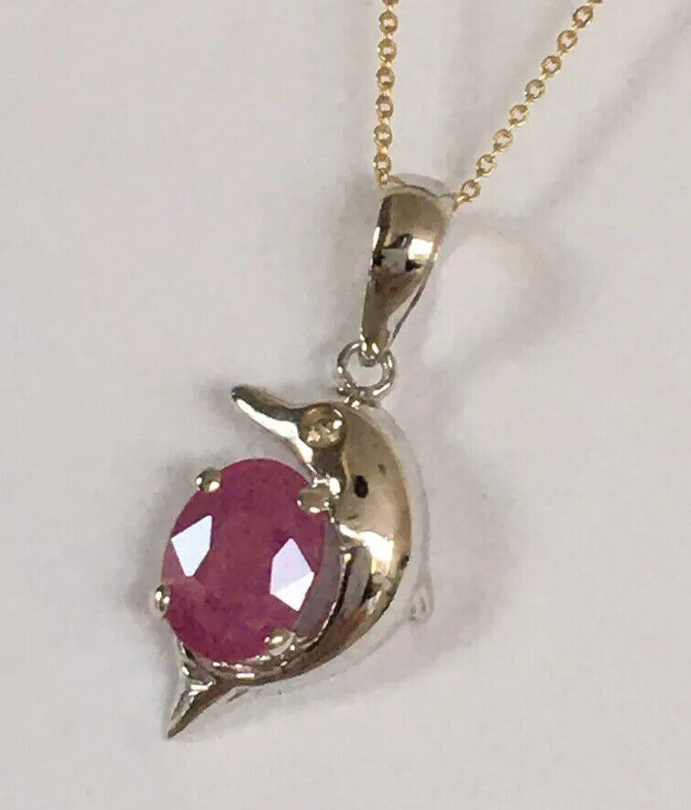 P-0560 New 14k Solid White Gold Genuine Oval Ruby Pendant With Diamond Dolphin