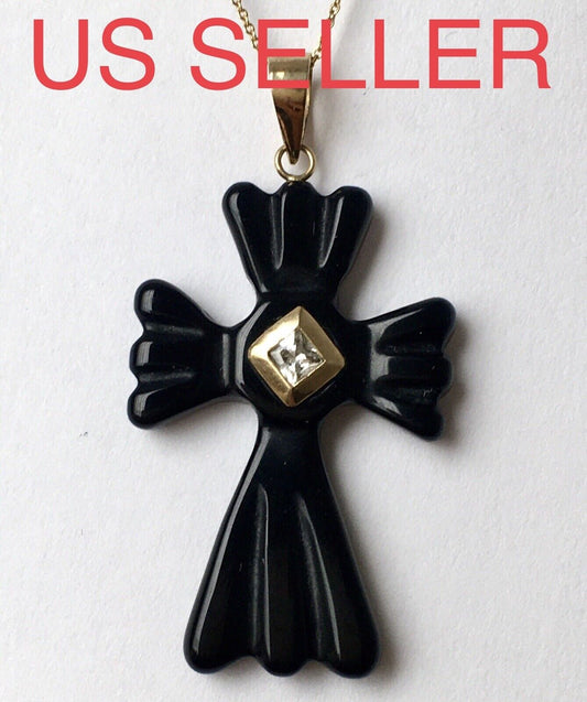 New 14k Real Solid Yellow Gold Black Onyx Diamond Pendant Good Luck Cross