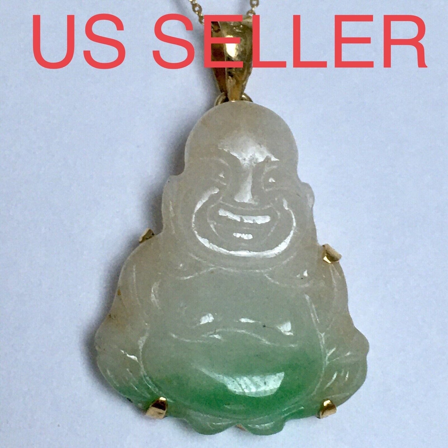 New 18k Solid Yellow Gold Natural Green White Jade Pendant Lucky Buddha 3.2g