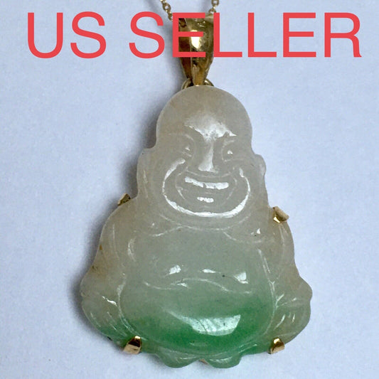 New 18k Solid Yellow Gold Natural Green White Jade Pendant Lucky Buddha 3.2g