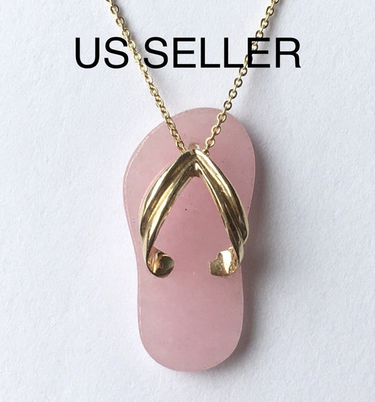 New 14k Solid Yellow Gold Pink Jade Pendant Good Luck Love Flip Flop