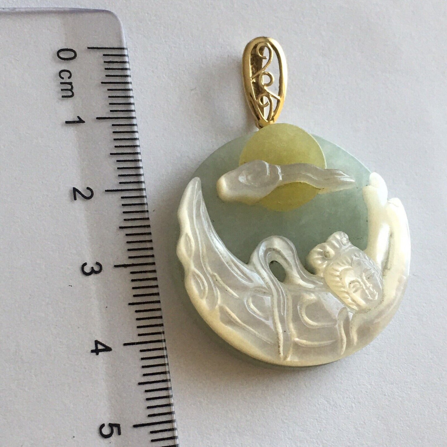 New 14k Solid Yellow Gold Natural Green Jade Mother of Pearl Pendant Lucky Lady Buddha 13.6g