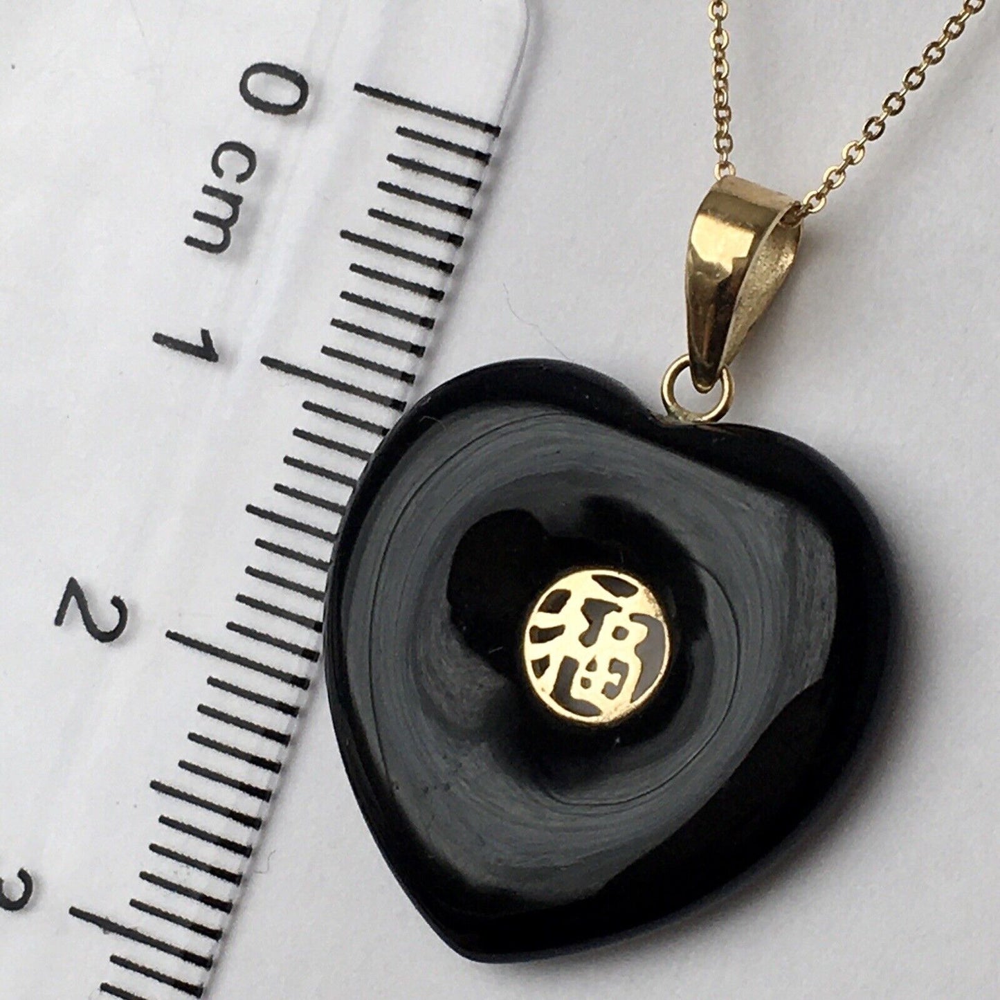 New 14k Solid Yellow Gold Black Onyx Love Heart Necklace Pendant Happiness 2.4g