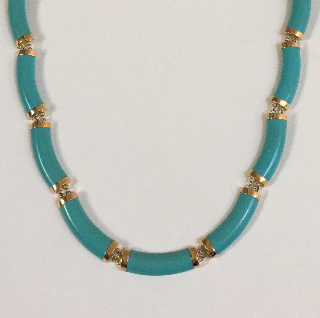 P-058560 New 14k Solid Yellow Gold Unique Turquoise Bamboo Necklace, “happiness” Clasp