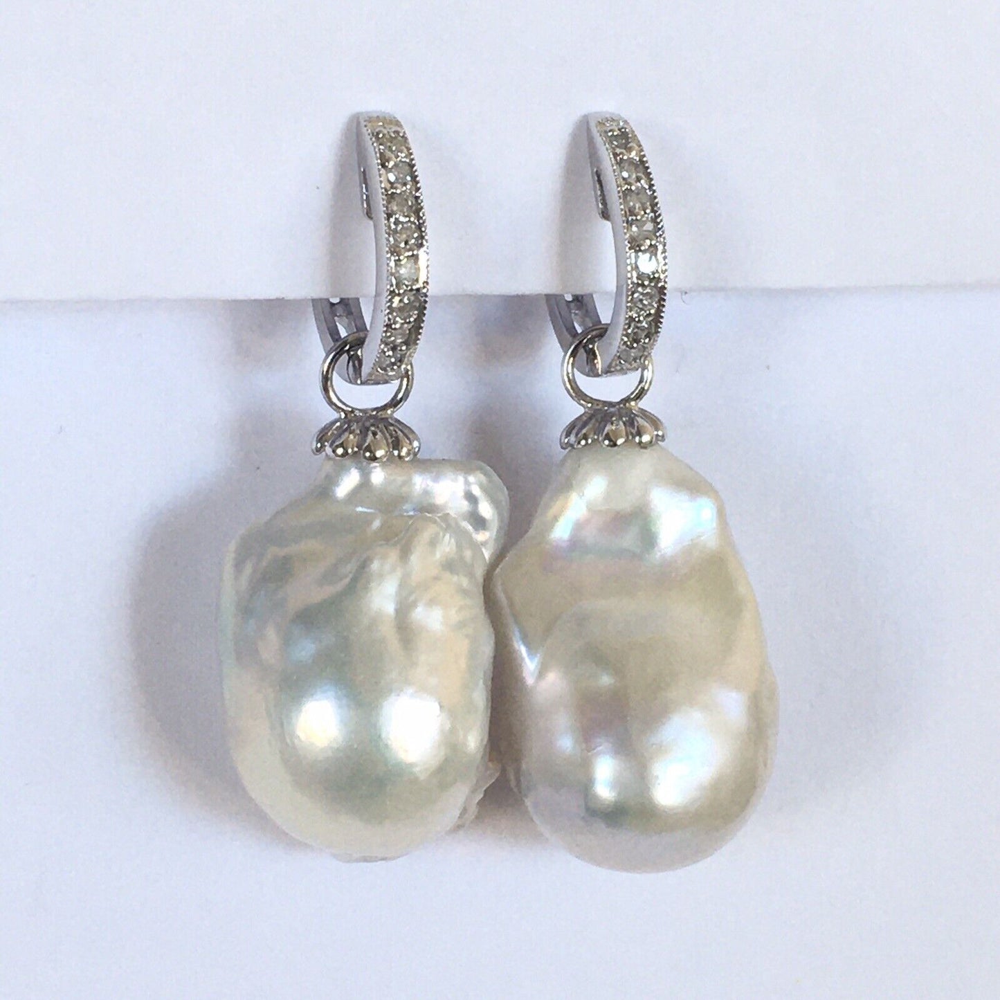 Q2350 14k Solid White Gold Big Natural Biwa Pearl Diamond Earrings Huggie Dangle