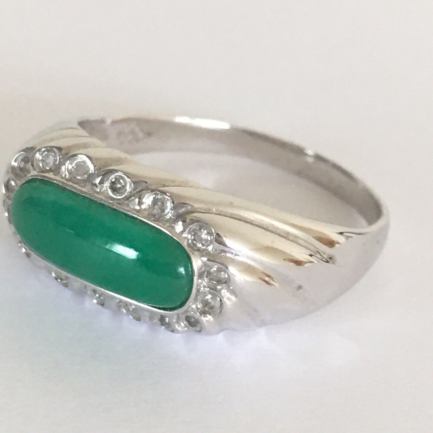 Q10426, New 14k Solid White Gold W/G Natural Green Jade Ring, 12*5mm, SZ-7