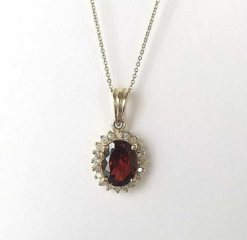 P11156 New 14k Solid Yellow Gold Y/G Garnet Pendant With Diamonds Oval